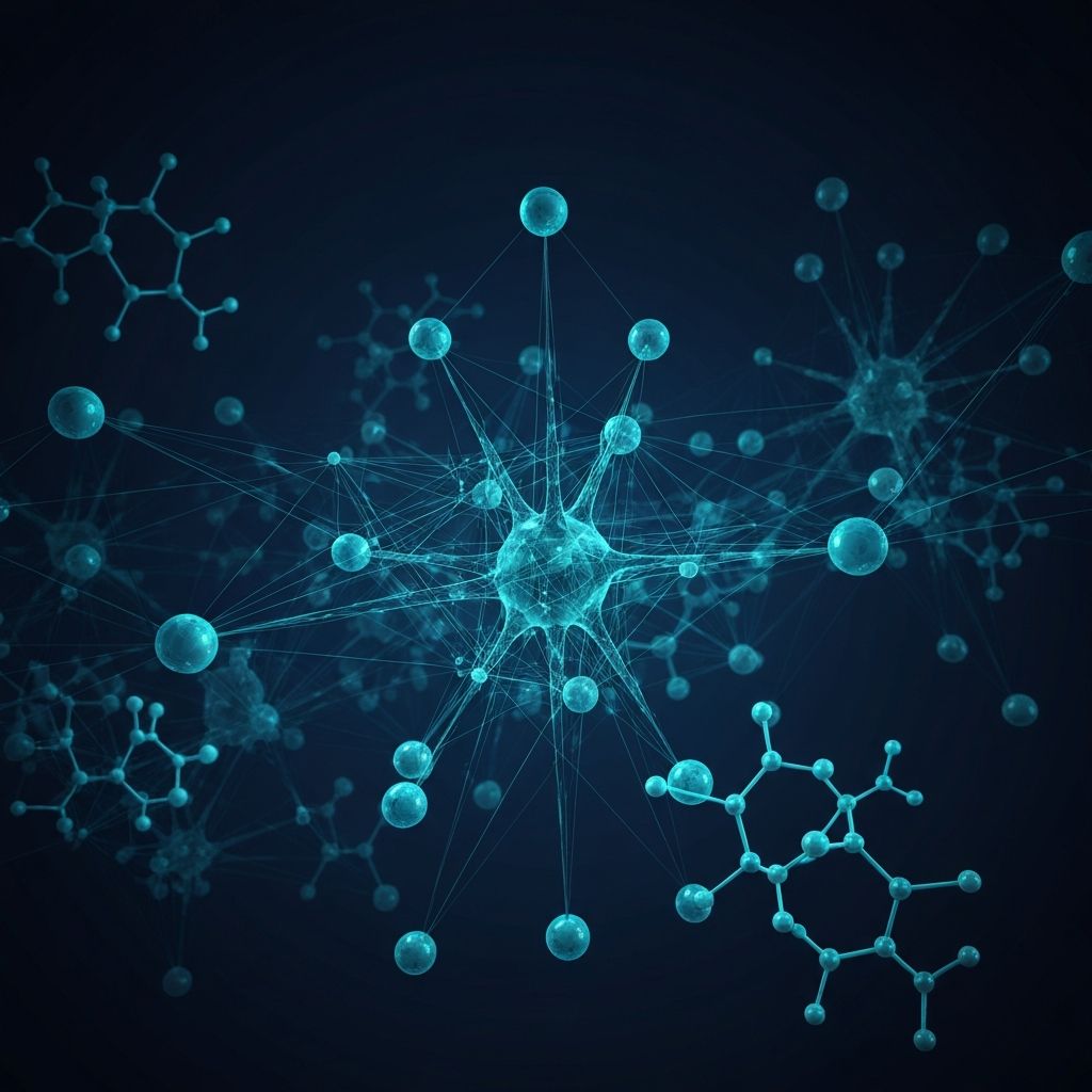 angelpro AI platform visualization showing interconnected nodes and molecular structures